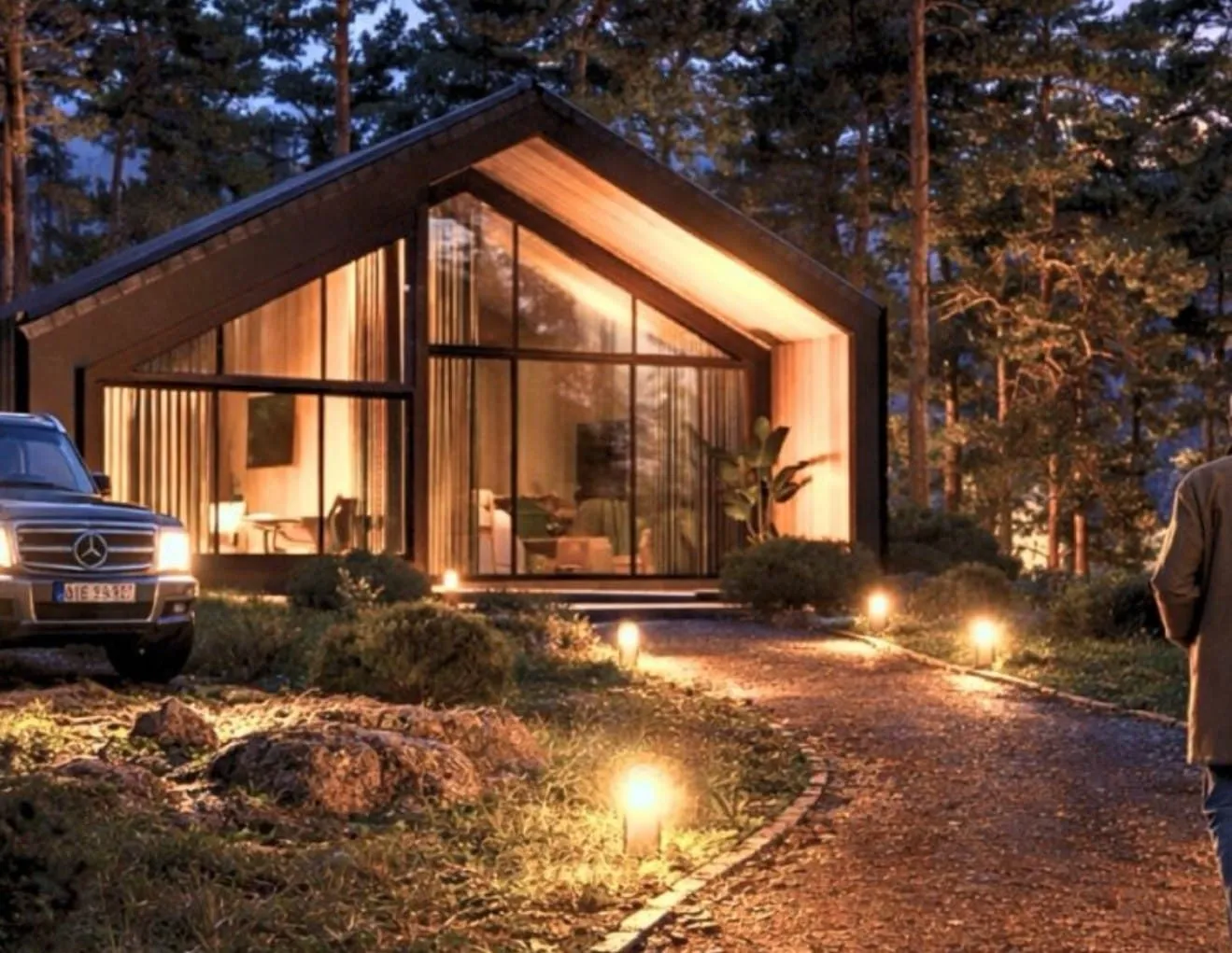 Cabana de madeira com fachada de vidro iluminada à noite na floresta