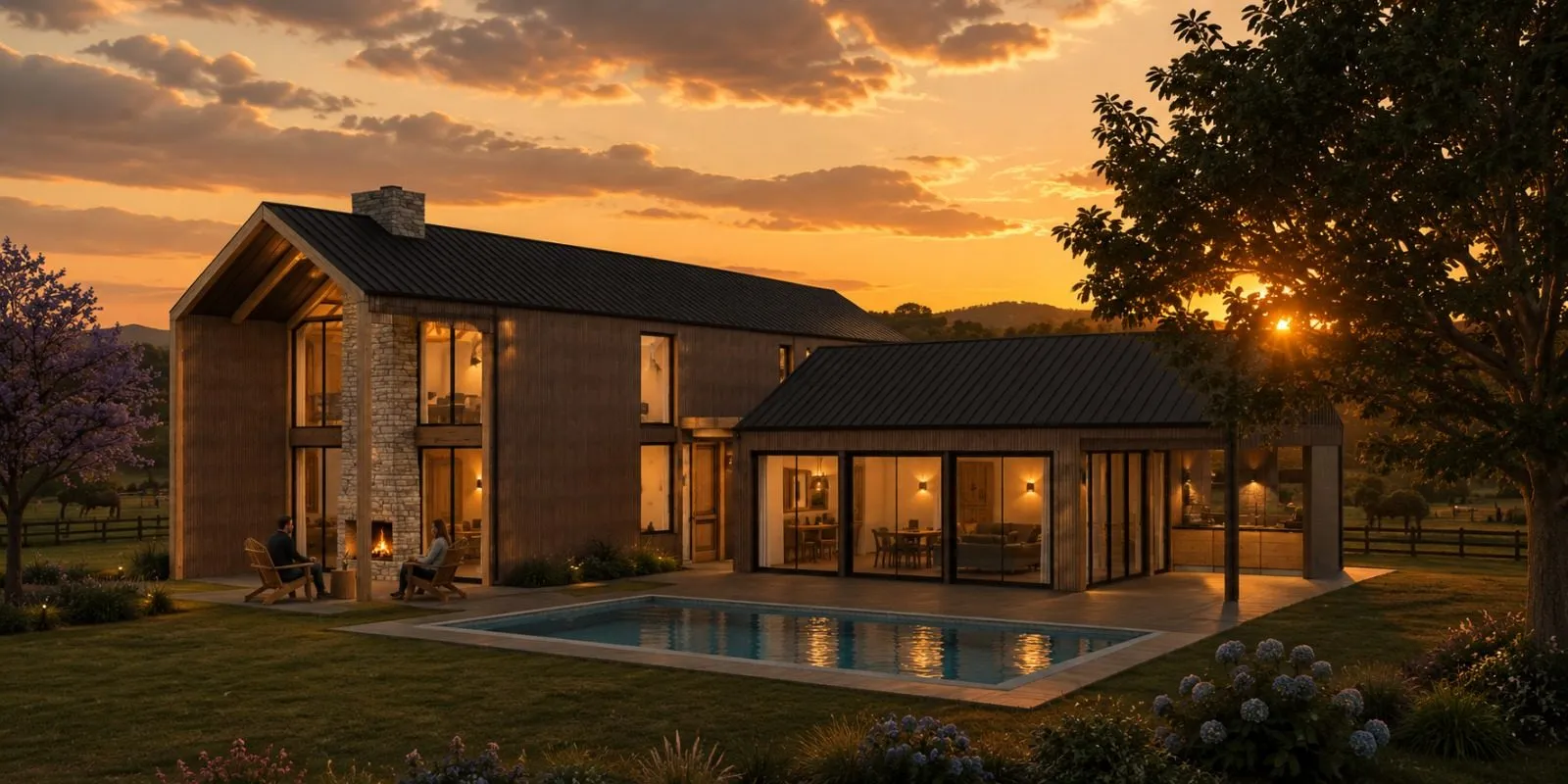 Casa de madeira com lareira externa e piscina ao pôr do sol